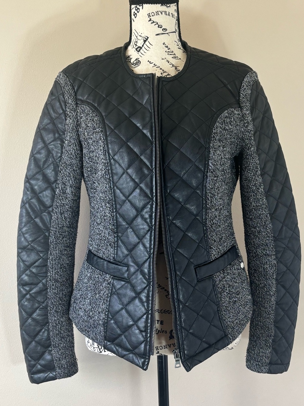 Point Zero Black Quilted Faux Leather & Gray Knit Panel Jacket